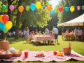 Färgglada ballonger svävar över en picknick med familj och vänner. En härlig dag för roliga femkampsgrenar och gemenskap i solen.