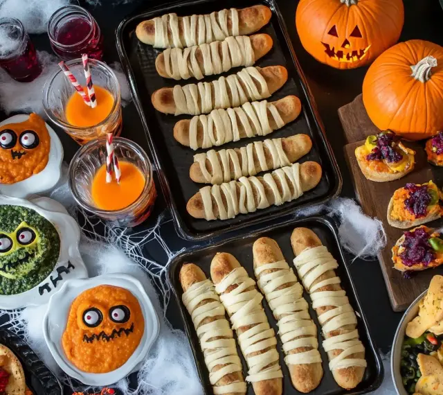 En härlig Halloween-buffé med mumiekorvar, pumpor och läskiga dippar. Perfekt för en mumie halloween-fest!