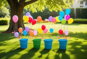 Färgglada ballonger svävar över hinkar på en gräsmatta, redo för en lek att kasta boll i hink.