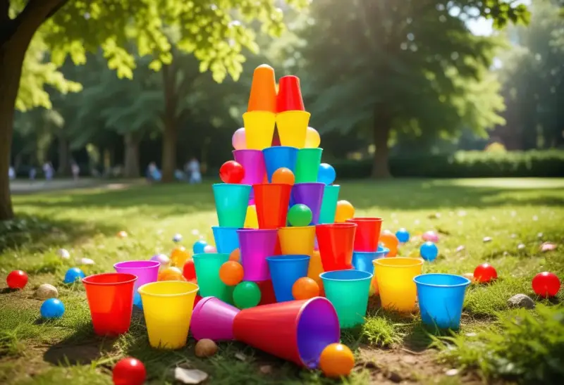 Färgglada plastmuggar och bollar ligger utspridda på en gräsmatta, redo för roliga 5 kamp lekar i parken.